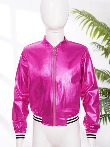Vista 3 de Jhaoyu Chaqueta de moto metálica para niños y niñas, hip hop, jazz, danza, moderna, disfraz de fiesta de discoteca