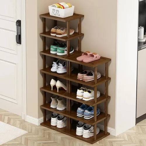 Vista 12 de Zapatero vertical – Organizador de zapatos alto y estrecho para espacios pequeños, estante de bambú de 5 niveles para entrada, armario, esquina