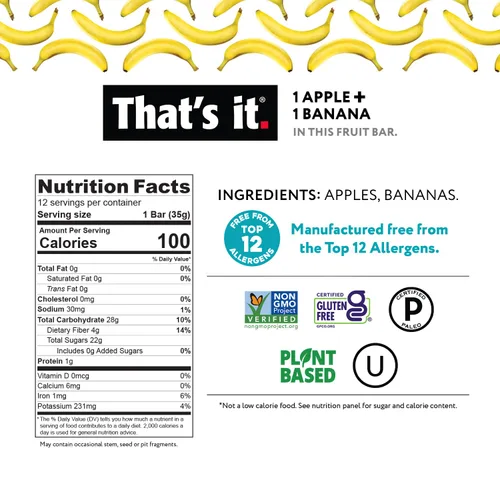 Vista 2 de That's it - Barra de fruta real 100% natural de manzana + plátano, el mejor aperitivo vegano con alto contenido de fibra, sin gluten, paleo