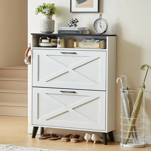 Vista 12 de Joaxswe Gabinete de Almacenamiento de Zapatos con 2 Cajones Abatibles, Organizador Estilo Granja para Entrada, Estante Oculto Estrecho con Patas