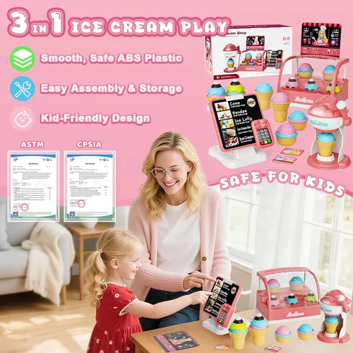 Vista 5 de Juego de juguetes de helado, tienda de juegos de simulación, contador de helados con luz, juego para hacer helados, juguete de cajero con sonido