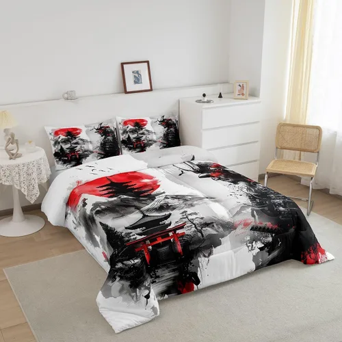 Vista 2 de Feelyou Samurai - Juego de ropa de cama japonesa para niños y niñas, juego de edredón de monte Fuji con 2 fundas de almohada, 3 piezas
