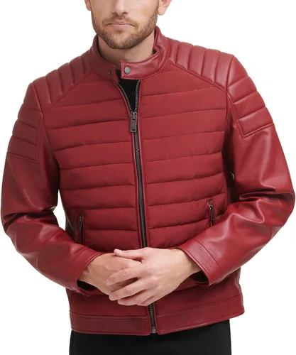 Vista 6 de DKNY Chaqueta acolchada de cuero sintético para hombre de motocros Racer
