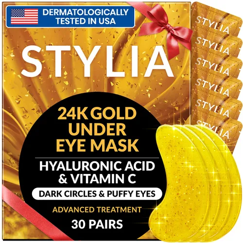 Vista 12 de Stylia Parches para usar debajo de los ojos para ojos hinchados y ojeras (20 pares) – Mascarilla de oro de 24 quilates para usar debajo de los ojos