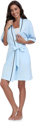 Vista 86 de COLORFULLEAF Bata de baño de manga corta para mujer, 100% algodón, longitud hasta la rodilla, con bolsillos