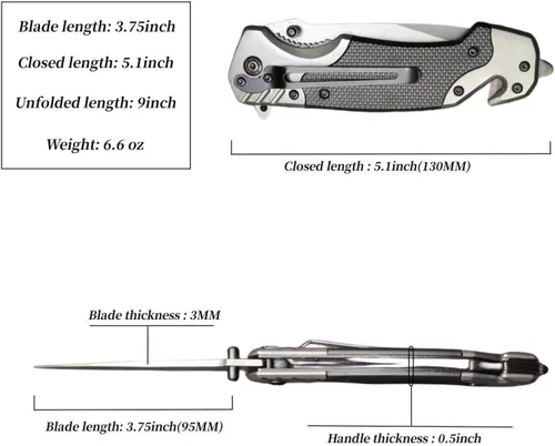 Vista 3 de Cuchillo de bolsillo plegable de 9 pulgadas, cuchillo táctico multiherramienta con hoja de acero inoxidable, mango G10 con rompedor de vidrio, clip