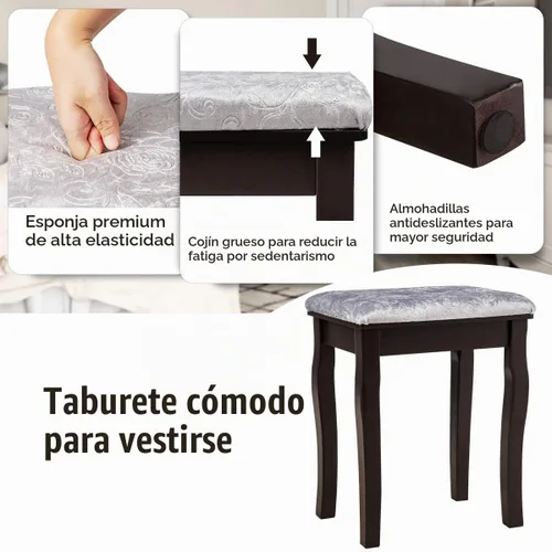 Vista 7 de DORTALA Juego de mesa de tocador con espejo rectangular de 360 grados y taburete acolchado, mesa de maquillaje con 10 bombillas LED regulables