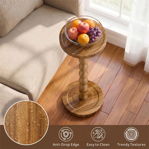 Vista 3 de Mesa auxiliar redonda pequeña, mesa de madera de acacia para espacios pequeños, mesas decorativas modernas, mesas auxiliares de café con pedestal