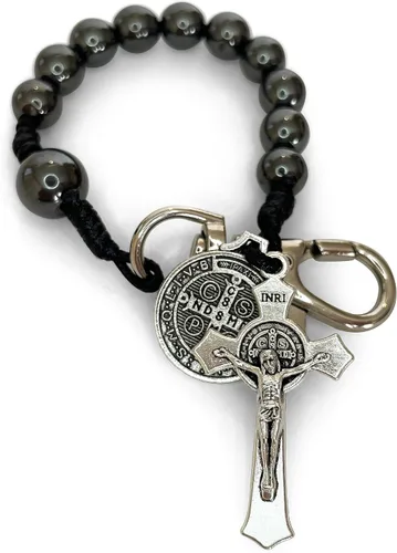 Vista 2 de Rosario de bolsillo de oración católica Medalla de San Benito con cuentas de hematita negra con cordón llavero de rosario Tenner estilo abierto