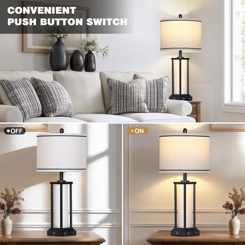 Vista 5 de 27in Tall Farmhouse Table Lamp with USB C+A & Outlet,Black Industrial End Table Lamp for Living Room,Vintage Rustic Bedside Lamp with Night Light