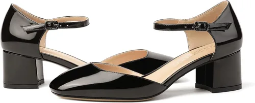 Vista 6 de MODENCOCO Zapatos de tacón bajo grueso con hebilla recortada para mujer, con correa en el tobillo, puntera cuadrada, 2 pulgadas
