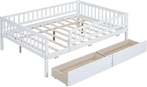 Vista 20 de Harper & Bright Designs Base de cama para niños de tamaño matrimonial con 2 cajones, sofá cama matrimonial de madera con valla, marco de cama