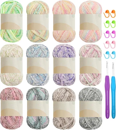 Vista 21 de 4 piezas de 400g de hilo de terciopelo chenilla suave para tejer a ganchillo, hilo esponjoso y cálido para tejer y ganchillo, manualidades DIY Rosa