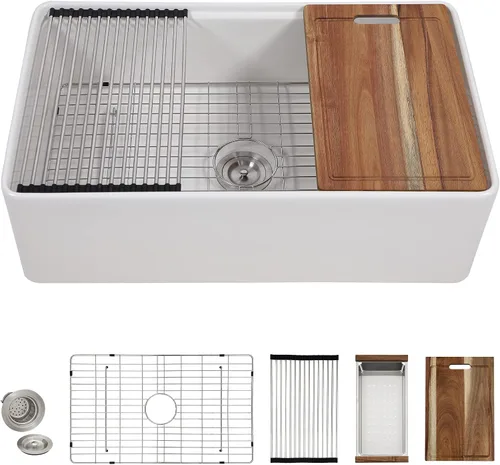 Vista 13 de Estación de trabajo de fregadero de granja negra de 30 x 20 pulgadas, delantal reversible con repisa, lavabo de cocina de cerámica de porcelana