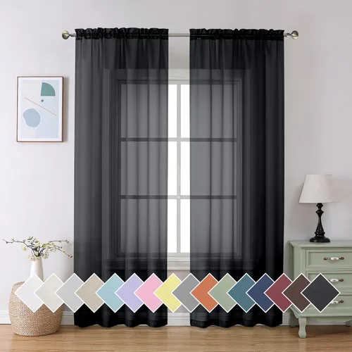 Vista 12 de Aiyufeng 2 paneles de cenefa transparente negra de 14 pulgadas de largo, cortinas cortas negras transparentes para dormitorio, cortinas de cocina