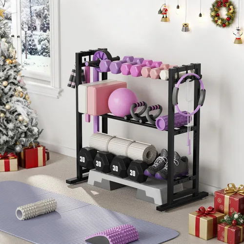 Vista 2 de niffgaff Estante Ajustable de 3 Niveles para Mancuernas con Ganchos, Base Extendida para Almacenamiento de Pesos para Gimnasio en Casa – Soporta