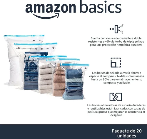 Vista 2 de Amazon Basics Bolsas de almacenamiento al vacío con bomba de mano para viajes, bolsas de compresión que ahorran espacio para ropa, ropa, mantas