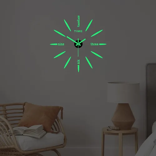 Vista 5 de Reloj de pared luminoso 3D DIY, moderno, autoadhesivo, sin marco, grandes calcomanías de reloj de pared que brillan en la oscuridad para sala