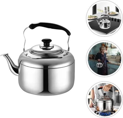 Vista 3 de ERINGOGO Estufa de té silbante de 7 litros, tetera de acero inoxidable con base de calentamiento rápido, tetera de camping pulida con espejo