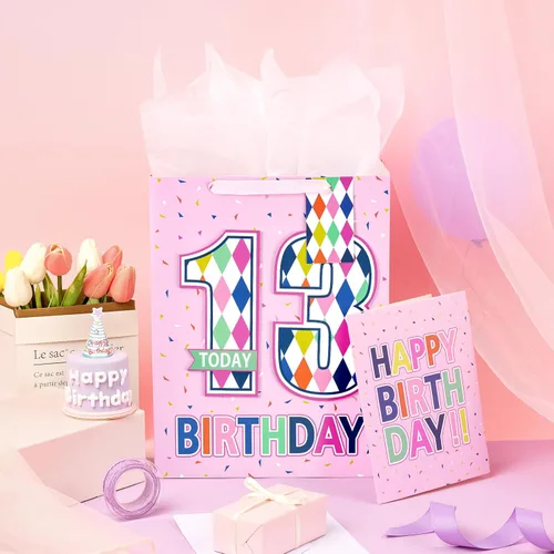 Vista 2 de Loveinside Bolsa de regalo de cumpleaños rosa con papel de seda, etiqueta de regalo y tarjeta de felicitación para niñas, fiestas y más, 10 x 5 x 13