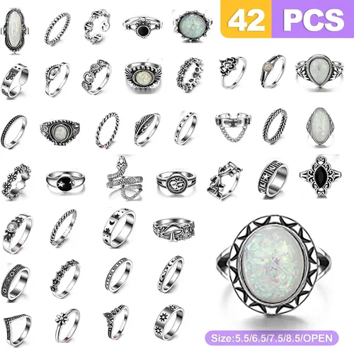 Vista 2 de 42 piezas de juego de anillos de nudillo vintage de plata, anillos góticos alternativos geniales, punk, para mujeres, hombres, anillos ajustables
