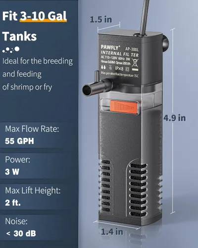 Vista 2 de Pawfly Filtro Interno de Acuario, Filtro de Potencia Sumergible con Bomba de Agua de 55 GPH para Filtración, Circulación y Oxigenación de Tanques
