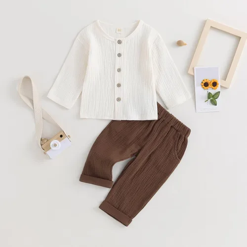 Vista 2 de Thorn Tree Conjunto de ropa de 2 piezas para niños y niñas, camisa de manga larga con botones y cintura elástica, 2 piezas