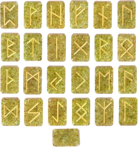 Vista 6 de Rockcloud Juego de piedras runas de cristal de aguamarina de resina, letras grabadas del alfabeto Futhark de anciano para reiki, curación de Azul