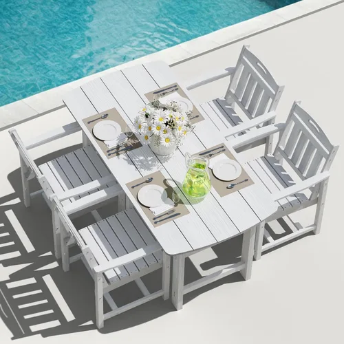 Vista 45 de Mesa de comedor rectangular para exteriores, mesa de polietileno de alta densidad resistente para 6, mesa de patio resistente a la intemperie