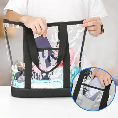 Vista 2 de HAOGUAGUA Bolsa de viaje de maquillaje cosmética transparente extra grande, bolsa de hombro de PVC transparente impermeable con asas (Negro)