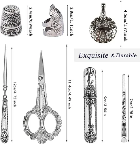 Vista 3 de Kit de tijeras de bordado vintage, regalo de Navidad para profesionales de costura, kit de costura antiguo europeo, herramientas de costura Plata