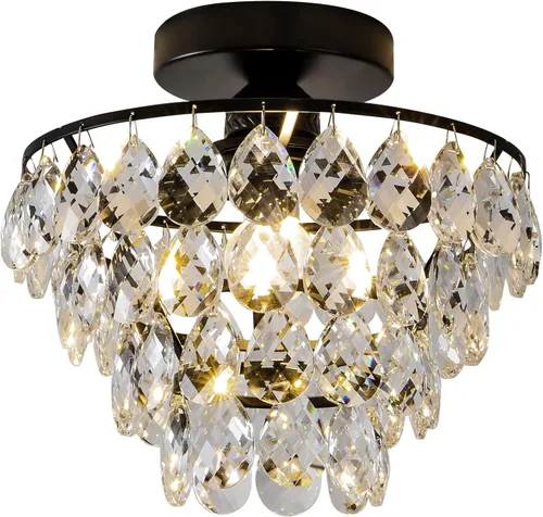 Vista 8 de CM MZY Lámpara de techo moderna de cristal pequeña, lámpara de techo semiempotrada color negro mate, mini candelabros de cristal para pasillo