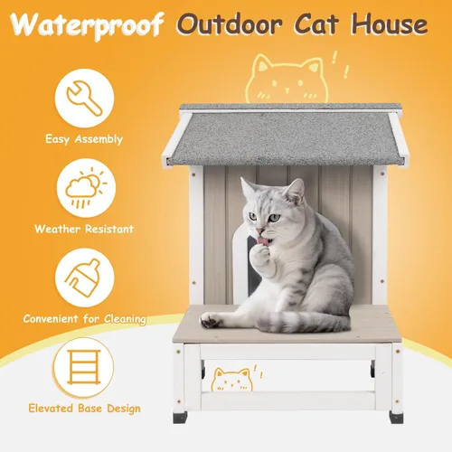 Vista 5 de Casa para gatos al aire libre para el verano: refugio de madera elevado con ventilación, puerta de escape, techo abierto, refugio al aire libre
