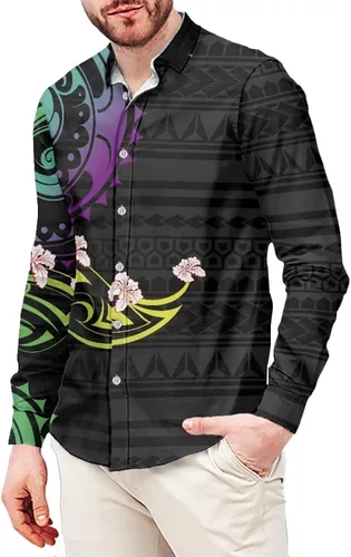 Vista 5 de Camisa de guayabera polinesia para hombre, patrón de Samoa Americana, vintage, cuello en V, manga larga, hawaiana, camisas de vestir para hombres