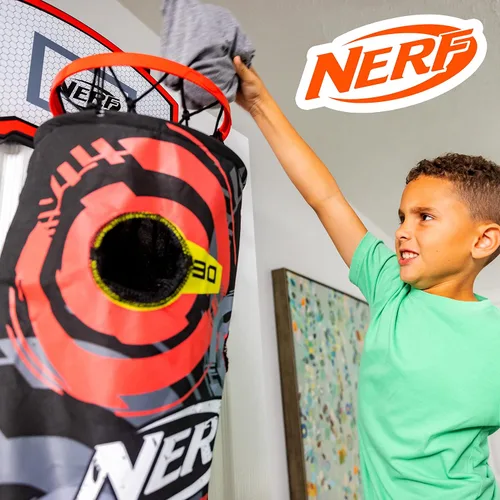 Vista 11 de NERF Cesta de aro de baloncesto – Cesta para ropa sucia sobre la puerta + objetivo de disparo – Mini canasta de aro + juego de baloncesto