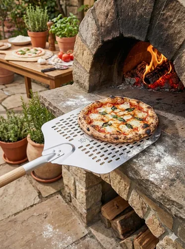 Vista 5 de Pala de pizza de aluminio de 14 x 12 pulgadas con mango de madera de haya desmontable Paleta perforada antiadherente de metal para lanzar, girar