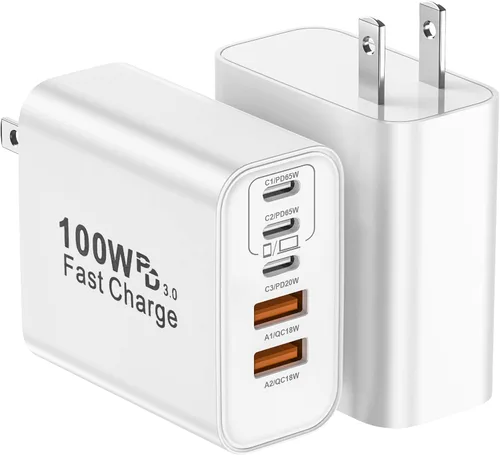 Vista 16 de Bloque de Cargador USB C, Paquete de 2 Cargadores de Pared USB C de 65W con 6 Puertos, Cargador de Pared para iPhone, Adaptador de Corriente PD+QC