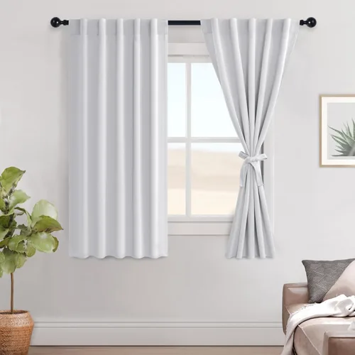 Vista 158 de Hiasan Cortinas opacas negras para dormitorio, cortinas opacas cortas de 45 pulgadas de largo, con aislamiento térmico, bolsillo para barra