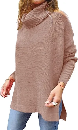 Vista 3 de Suéter de cuello alto para mujer, manga larga de murciélago, dobladillo derramado, túnica de gran