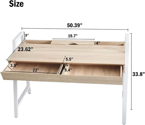 Vista 3 de LUCKYERMORE Escritorio para computadora de oficina en casa, mesa de pie de madera de roble de 50 pulgadas con 2 cajones, escritorio de estudio
