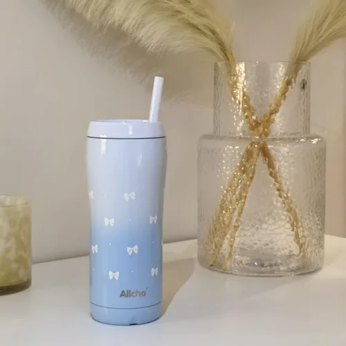 Vista 4 de Bow - Botella de agua aislada para mujeres, botellas de agua de acero inoxidable de 18 oz, de doble pared, 2 tapas (para beber y vaso) - Hidrata