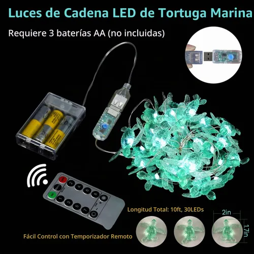 Vista 3 de Tema de playa - Lindas luces de tortuga marina verde - Luces decorativas de hadas del océano - 10 pies 30 LED - Alimentación USB - Multifunción