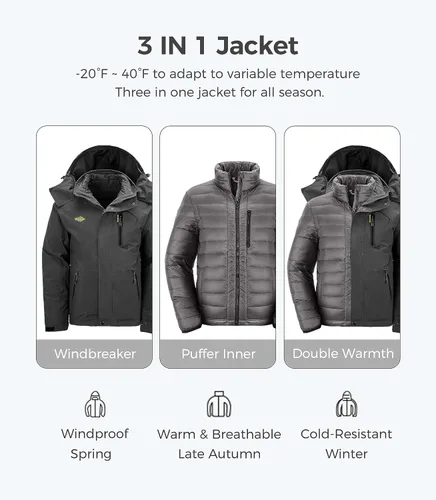 Vista 3 de Wantdo Chaqueta cálida de invierno con capucha para hombre, abrigo impermeable para snowboard
