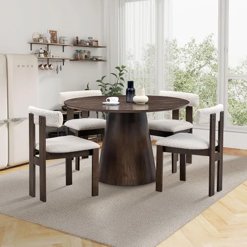 Vista 8 de 47.24'' Round Modern Style Wood Dining Table for Kitchen, Living Room, Cafe, Stylish Leisure Desk with Sturdy Cylindrical Base, for Small Spaces