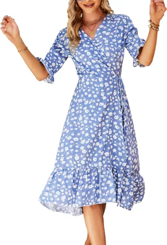 Vista 4 de DREAM SLIM - Vestido de verano bohemio con volantes y estampado floral para mujer, casual, manga corta, columpio, playa, fiesta, vestido midi