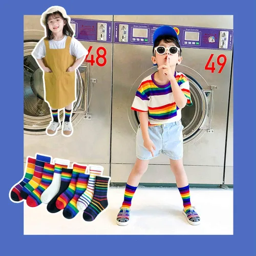 Vista 6 de EIAY Shop Calcetines de algodón con rayas arcoíris para niños y niñas grandes