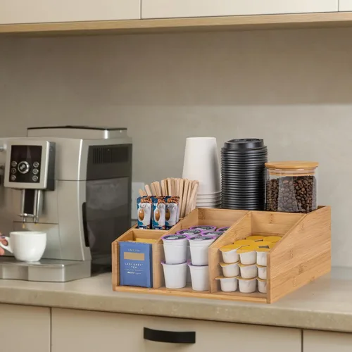 Vista 6 de Organizador de estación de café de bambú para encimera, organizador de accesorios de barra de café con 6 compartimentos para bolsas de té