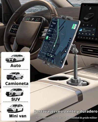 Vista 2 de Soporte para tablet para automóvil, brazo de metal, soporte de tableta resistente para portavasos de automóvil, soporte de automóvil ajustable
