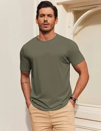 Vista 3 de COOFANDY Camiseta de manga corta para hombre, de mezcla de algodón, cuello redondo, informal, para verano, básica Verde militar