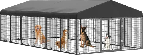Vista 15 de Petony Perrera para perros al aire libre, valla ideal para perros medianos y pequeños, jaula de revestimiento antioxidante con techo, resistente a